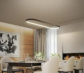 Дизайнерский потолочный LED светильник RdLamp с регулировкой температуры света над столом у камина в гостиной столовой
