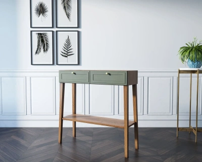 Зеленая консоль Andersen с характерными наклонными ножками в стиле mid-century в интерьере прихожей.