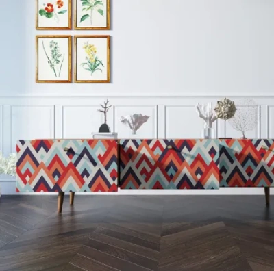 Изготовленная мебель на заказ - современный длинный низкий комод с ящиками  под тв "Berber" (Принт-02) создаст неповторимую тмосферу в Вашей комнате. Каталог мебели из России - AdtPro. Id-0