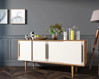 Атмосфера в комнате станет приятнее, а дизайн жилища неповторимым если Вы закажете длинный комод четыре дверки "Bruni white". Цвет орех. Каталог мебели из России - AdtPro. Id-3