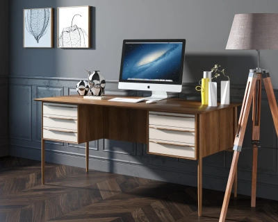 Рабочий письменный стол с ящиками с белым фасадом "Bruni white" цвет орех идеальное решение для тех, кто хочет привнести особый шарм в свой интерьер. Каталог мебели из России - AdtPro. Id-2