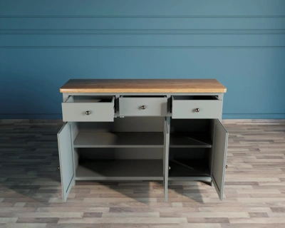 Ваш интерьер украсит оригинальный буфет удлинённый комод 3 ящика 3 дверки серый для посуды "Jules verne" цвет серый.  Каталог мебели из России - AdtPro. Id-0