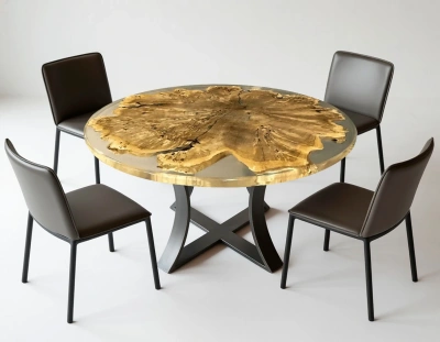 круглый деревянный стол из спила тополя залитый прозрачной эпоксидной смолой для стильной современной обеденной зоны