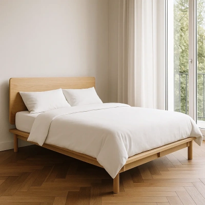 Лаконичная двуспальная кровать из дуба на низких ножках в просторной минималистичной спальне