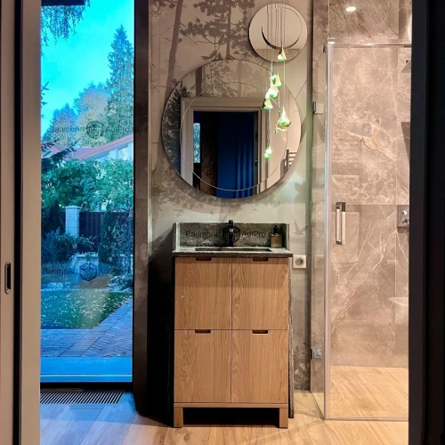 тумба под раковину из влагостойкого МДФ со шпоном дуба столешница с раковиной из камня