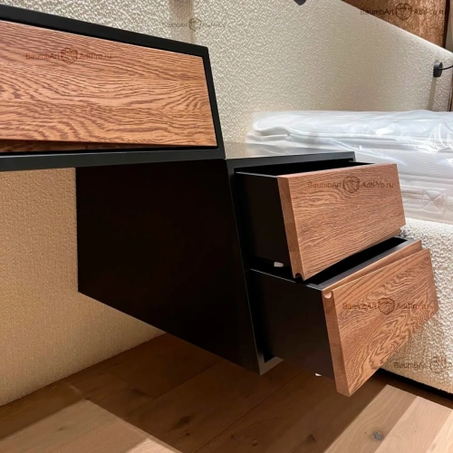 черная подвесная консоль с фасадом из дуба в спальне с тумбой