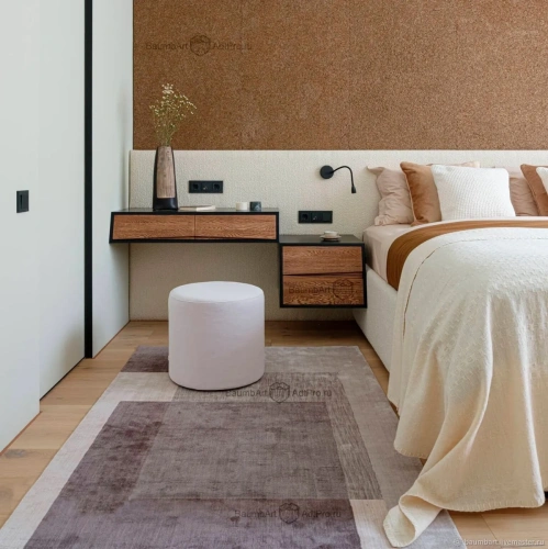 черная подвесная консоль с фасадом из дуба в спальне