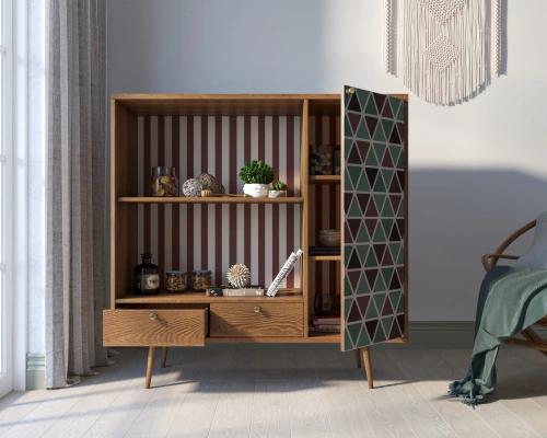 Стеллаж напольный с выдвижными и дверцей "Berber" (Принт-26) идеальное решение для тех, кто хочет привнести особый шарм в свой интерьер. Каталог мебели из России - AdtPro. Id-1