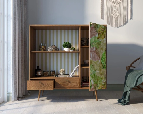 Ваш интерьер украсит оригинальный стеллаж напольный с выдвижными и дверцей "Berber" (Принт-29).  Каталог мебели из России - AdtPro. Id-1