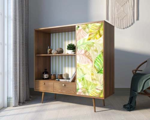 Ваш интерьер украсит оригинальный стеллаж напольный с выдвижными и дверцей "Berber" (Принт-29).  Каталог мебели из России - AdtPro. Id-2