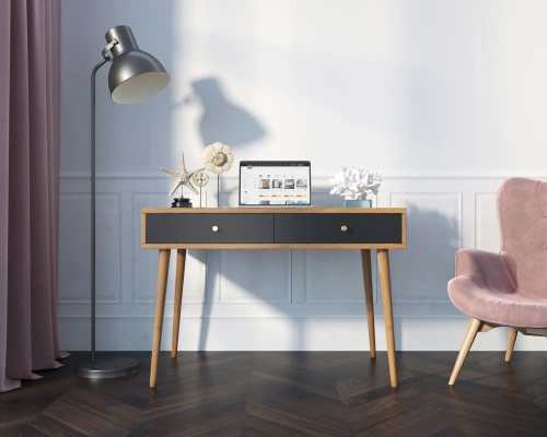 Письменный стол Berber с эмалевым фасадом темно-серого цвета в интерьере домашнего офиса