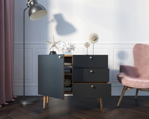 Комод Berber с открытой дверцей - организация внутреннего пространства для хранения/ Вместительные ящики для хранения одежды и аксессуаров