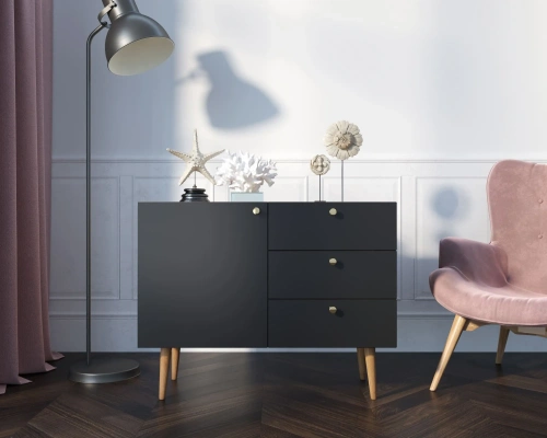 Темно-серый комод Berber в интерьере спальни в скандинавском стиле
