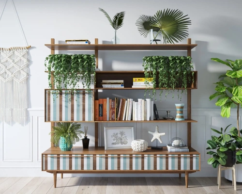 Напольный стеллаж Bruni (Принт-1) с книгами в интерьере гостиной в скандинавском стиле