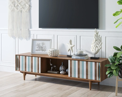 Атмосфера в комнате станет приятнее, а дизайн жилища неповторимым если Вы закажете консоль в скандинавском стиле  под тв "Bruni print 1" (Принт-1). Цвет орех. Каталог мебели из России - AdtPro. Id-2