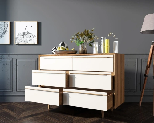 Купите мебель для Вашего интерьера - удлинённый комод с шестью ящиками "Bruni white" цвет орех. Каталог мебели из России - AdtPro. Id-1