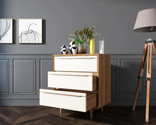Комод для белья и одежды в скандинавском стиле на три ящика "Bruni white" цвет орех идеальное решение для тех, кто хочет привнести особый шарм в свой интерьер. Каталог мебели из России - AdtPro. Id-1