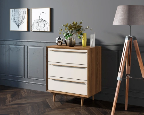 Предлагаем купить комод для белья и одежды в скандинавском стиле на три ящика "Bruni white" цвет орех с помощью которого Вы сможете сделать интерьер помещения стильным и современным, мебель которая подчеркнёт особенности задуманные дизайнером интерьера. К