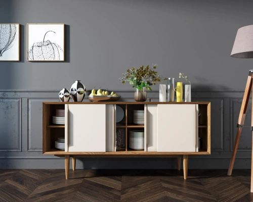 Атмосфера в комнате станет приятнее, а дизайн жилища неповторимым если Вы закажете длинный комод четыре дверки "Bruni white". Цвет орех. Каталог мебели из России - AdtPro. Id-1