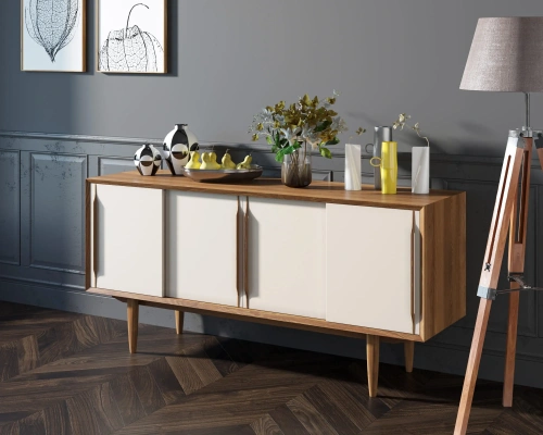 Атмосфера в комнате станет приятнее, а дизайн жилища неповторимым если Вы закажете длинный комод четыре дверки "Bruni white". Цвет орех. Каталог мебели из России - AdtPro. Id-2