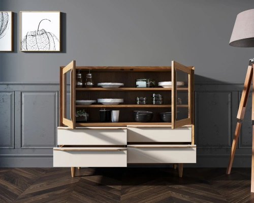 Ваш интерьер украсит оригинальный буфет низкий для посуды на кухню "Bruni white". Цвет орех.  Каталог мебели из России - AdtPro. Id-1