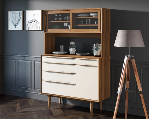 Заказанный у нас эксклюзивный буфет  для посуды в гостиную "Bruni white". Цвет орех позволит добавить изюминку в интерьер помещения, создать атмосферу свежести и домашнего уюта. Каталог мебели из России - AdtPro. Id-2