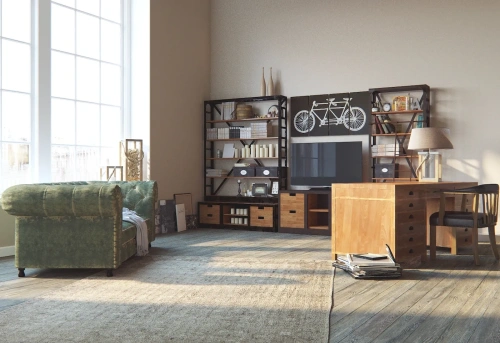 Интерьер кабинет с письменным столом в классическом стиле и стеллажом