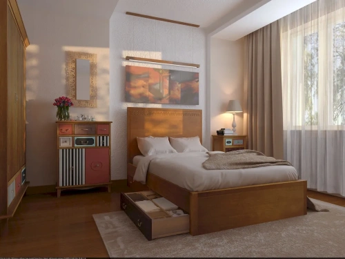 Интерьер спальни. Кровать двуспальная с ящиками из массив березы. Шкаф трехстворчатый. Вертикальная Тумба прикроватная для спальни. Вертикальный комод 2 ящика