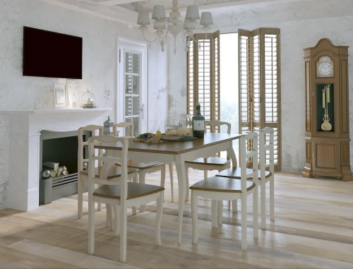 Интерьер белой столовой комнаты со столом на гнутых ножках стол стул