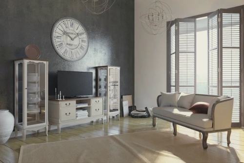 Интерьер белой гостиной комнаты с витринными шкафами