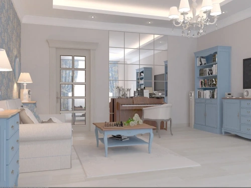 Интерьер гостиной комнаты в голубых тонах. Шкаф, комод тв, журнальный стол