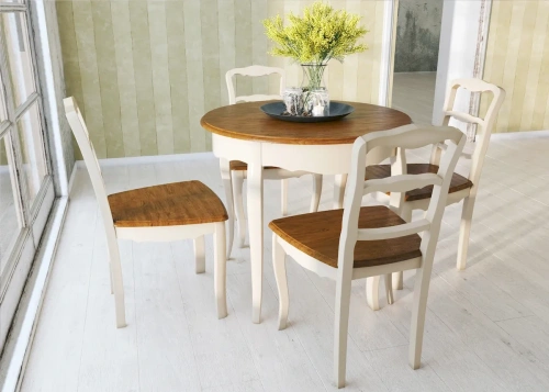 белая столовая комната с круглым столом на гнутых ножках с четырьмя стульями