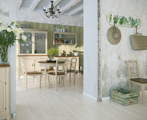 белая столовая комната с круглым столом на гнутых ножках с четырьмя стульями буфетом комодом и полкой для посуды