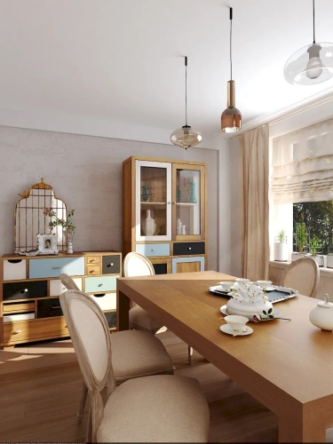 Комплект интерьера столовой состоит из комода, стола, стульев и шкафа-буфета. Деревянные окна