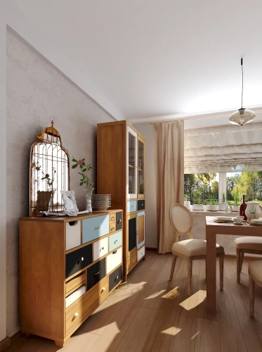 Комплект столовой состоит из комода, стола, стульев и шкафа-буфета. Окна из дерева