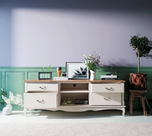 Длинный комод удлиненный под телевизор "Leontina" цвет слоновая кость идеальное решение для тех, кто хочет привнести особый шарм в свой интерьер. Каталог мебели из России - AdtPro. Id-0