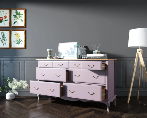 Ваш интерьер украсит оригинальный удлинённый большой комод на восемь ящиков "Leontina lavanda" цвет лавандовый.  Каталог мебели из России - AdtPro. Id-1