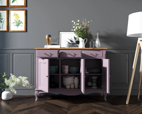 Ваш интерьер украсит оригинальный удлинённый комод 3 ящика и 3 двери "Leontina lavanda". Цвет лавандовый.  Каталог мебели из России - AdtPro. Id-1