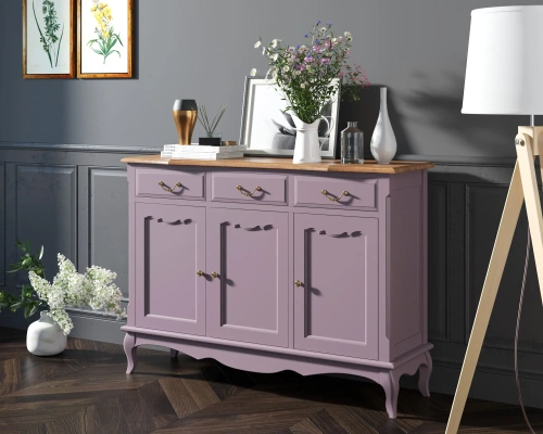 У нас вы можете заказать удлинённый комод 3 ящика и 3 двери "Leontina lavanda". Цвет лавандовый, который дополнит дизайн интнрьера вашей комнаты. Каталог мебели из России - AdtPro. Id-2