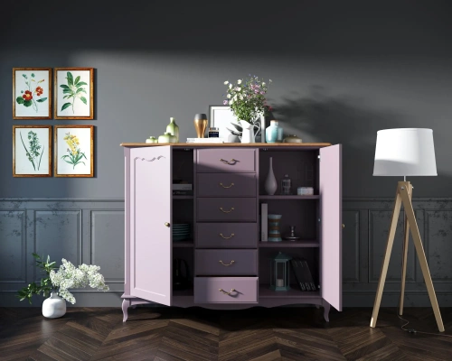 Купите мебель для Вашего интерьера - сервант современный длинный комод с шестью ящиками и дверками для посуды "Leontina lavanda". Цвет лавандовый. Каталог мебели из России - AdtPro. Id-1
