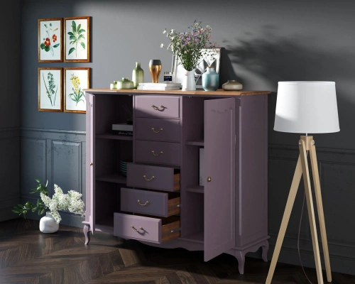 Купите мебель для Вашего интерьера - сервант современный длинный комод с шестью ящиками и дверками для посуды "Leontina lavanda". Цвет лавандовый. Каталог мебели из России - AdtPro. Id-3
