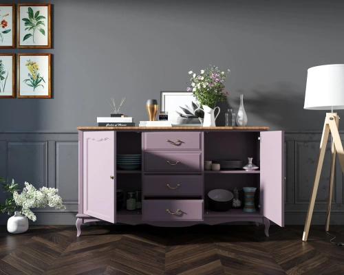 Ваш интерьер украсит оригинальный современный длинный комод с дверками и ящиками "Leontina lavanda". Цвет лавандовый.  Каталог мебели из России - AdtPro. Id-1