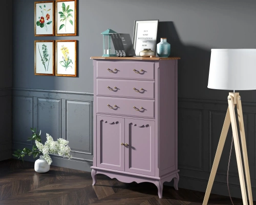 Ваш интерьер украсит оригинальный буфет комод три ящика две дверки для посуды "Leontina lavanda" цвет лавандовый.  Каталог мебели из России - AdtPro. Id-2
