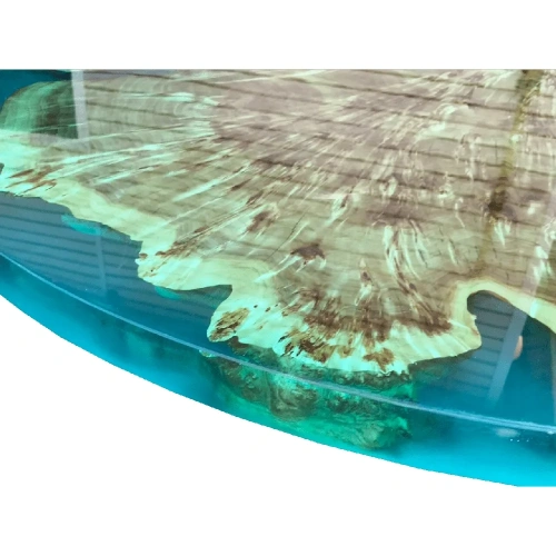  стол круглый из слэба тополя в заливке смолой голубого цвета  Каталог мебели из России - AdtPro Id-2