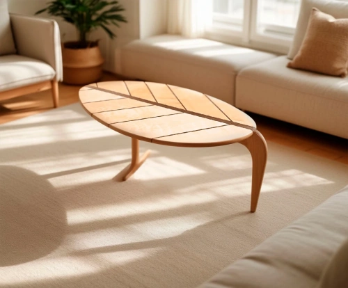 Журнальный столик в виде листа в светлой гостиной в скандинавском стиле