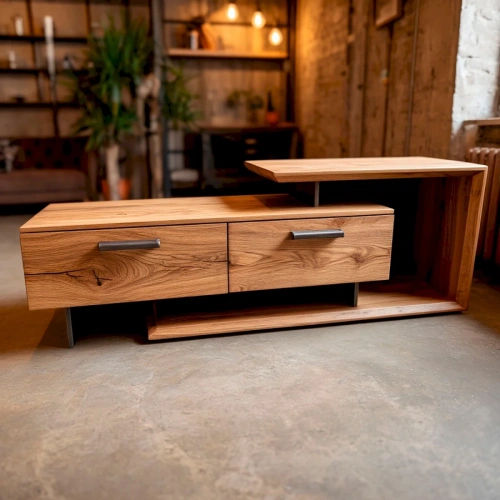 Тумба с подвижной секцией в современной гостиной в стиле лофт, рядом с диваном и телевизором.