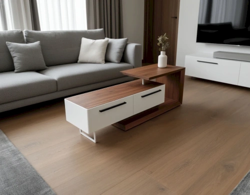 Дизайнерская тумба трансфомер с подвижной деревянной секцией столешницы в сочетании с глянцевыми белыми фасадами тумбы.