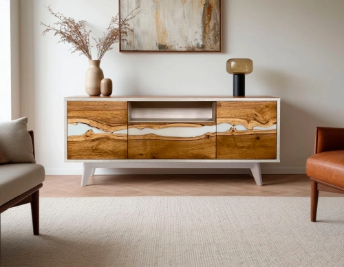 Пример использования низкой тумбы из массива дерева в интерьере Мид сенчури