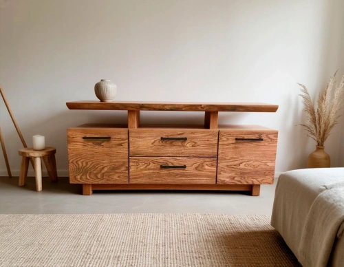 Пример размещения авторской тумбы под телевизор 140 см в светлой гостиной