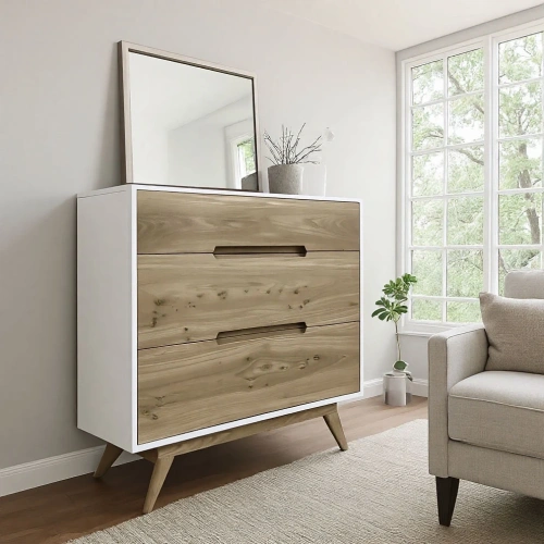 Белый комод с характерными наклонными ножками в интерьере гостиной в стиле Mid-Century Modern.